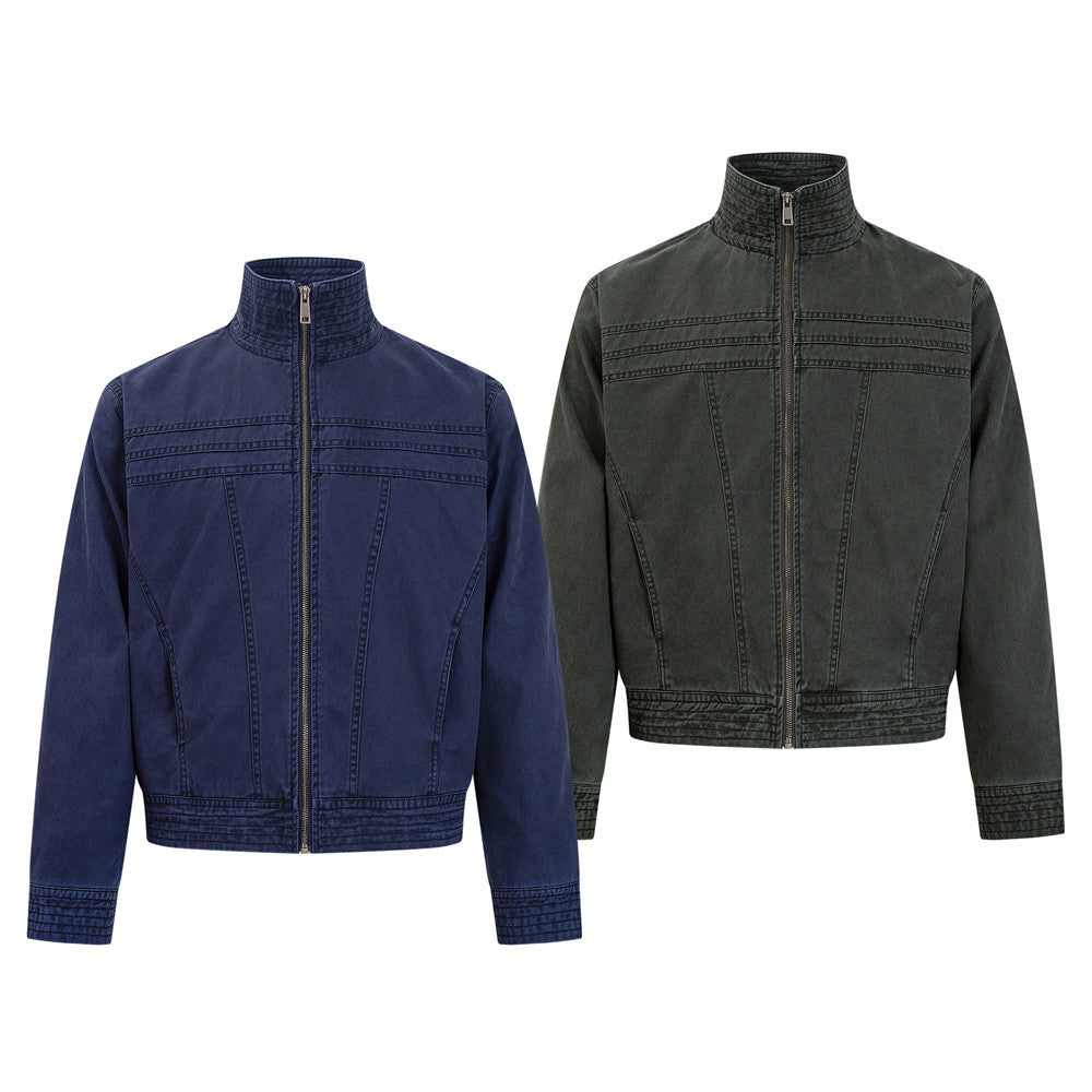 Men's Vintage Washed Stand-Collar Zip Jacket with Deconstructed Panel Seaming