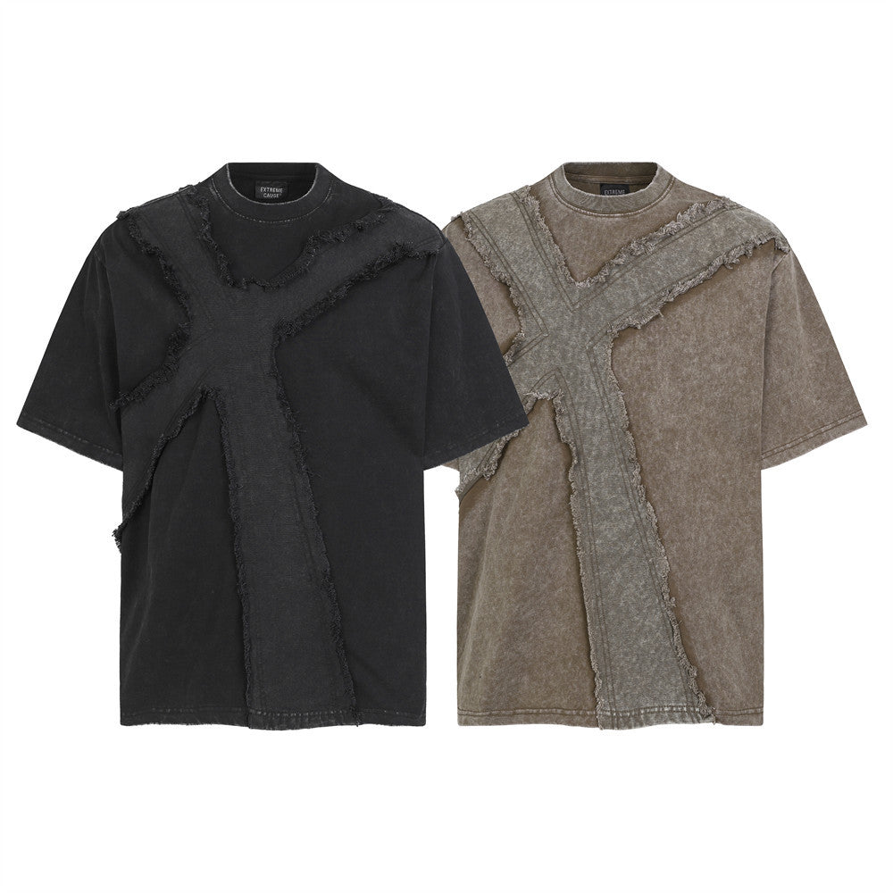 Men's oversized washed cotton t-shirt with frayed cross patchwork design in black and brown colorways