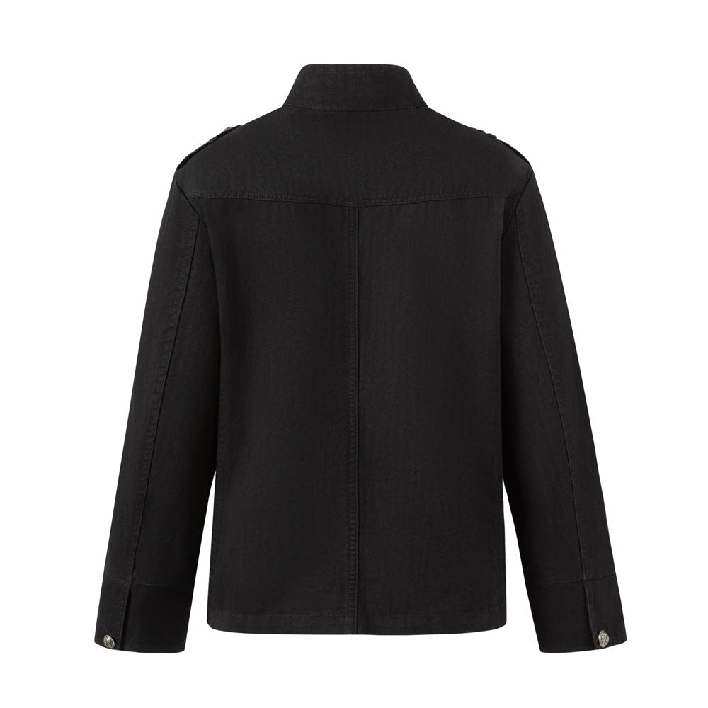 Black Double-Breasted Military Jacket – Stand Collar Structured Workwear Coat
