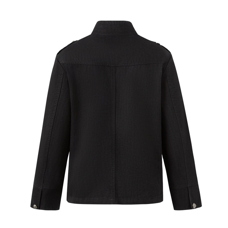 Black Double-Breasted Military Jacket – Stand Collar Structured Workwear Coat