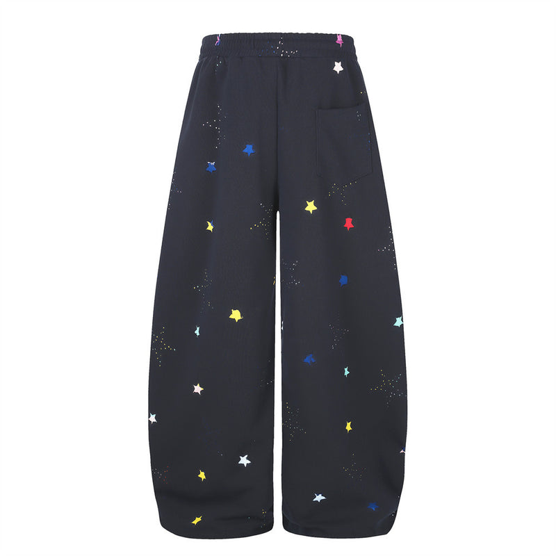 Colorful Star Print Wide-Leg Sweatpants – Relaxed Fit Curved Hem Casual Pants
