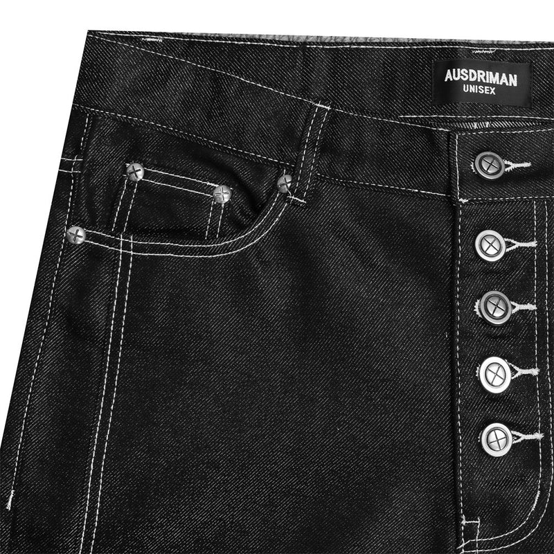 Jean bootcut noir baggy pour homme – Braguette boutonnée, surpiqûres contrastantes et détails déstructurés