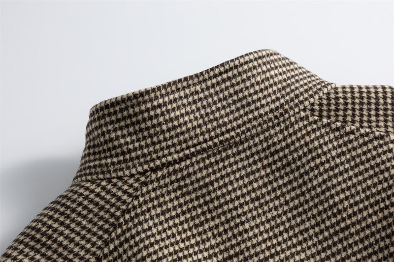 Houndstooth Wool-Blend Stand Collar Jacket – Men's Relaxed Fit Retro Bomber
