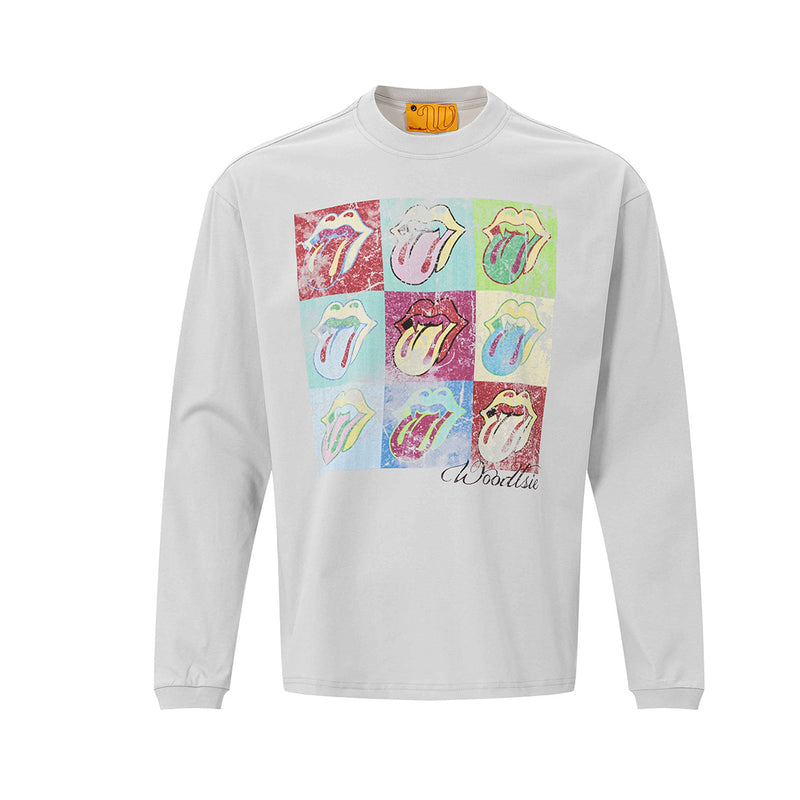 T-shirt graphique à manches longues, grille de langues pop art effet usé multicolore sur tissu écru