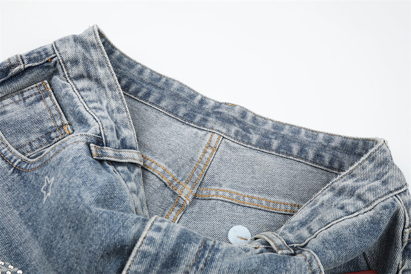 Star Embroidered Distressed Wide-Leg Jeans – Washed Baggy Denim with Ripped Knee
