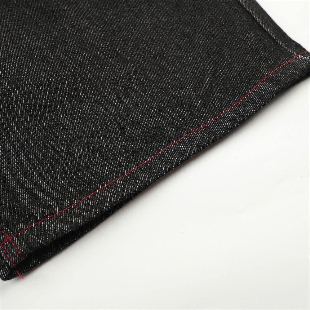 Wide-Leg Barrel Jeans – Men's High-Street Curved Silhouette with Red Stitching