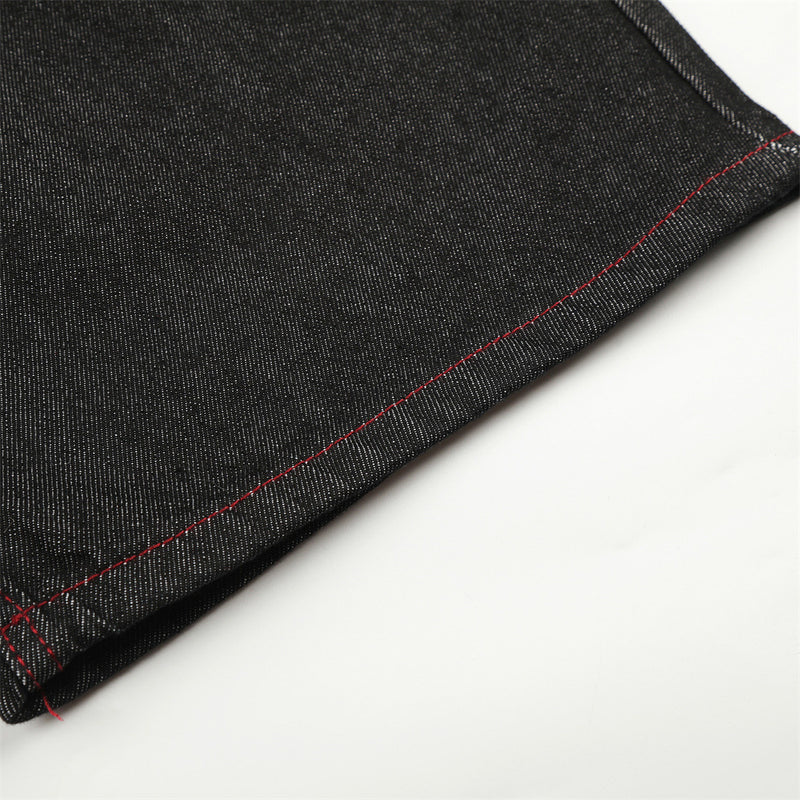 Wide-Leg Barrel Jeans – Men's High-Street Curved Silhouette with Red Stitching