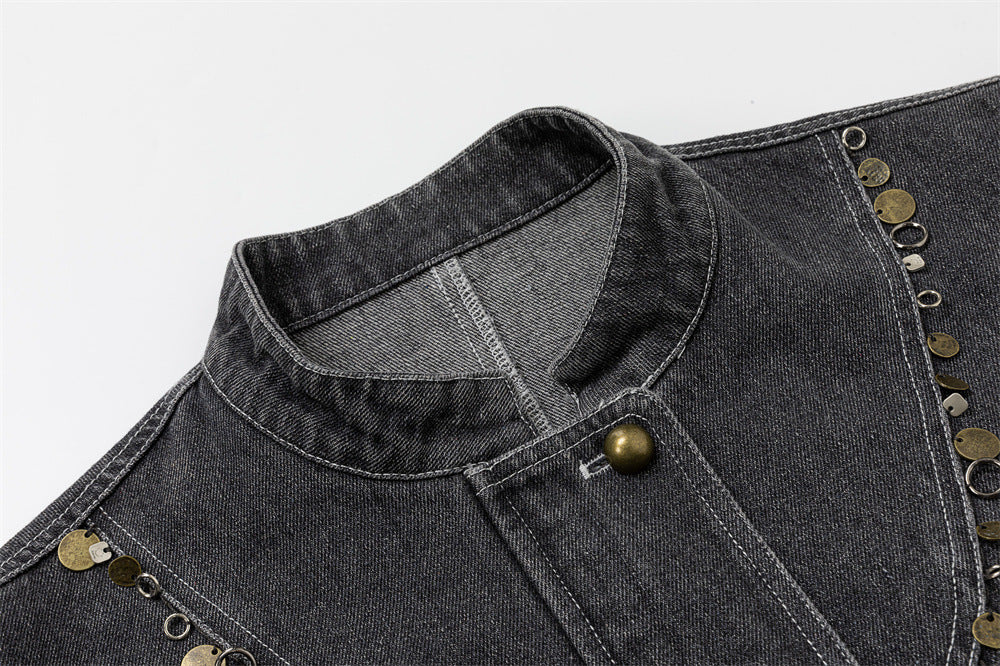 Men's Washed Denim Jacket with Metal Coin Chain Trim & Brass Buttons — Punk