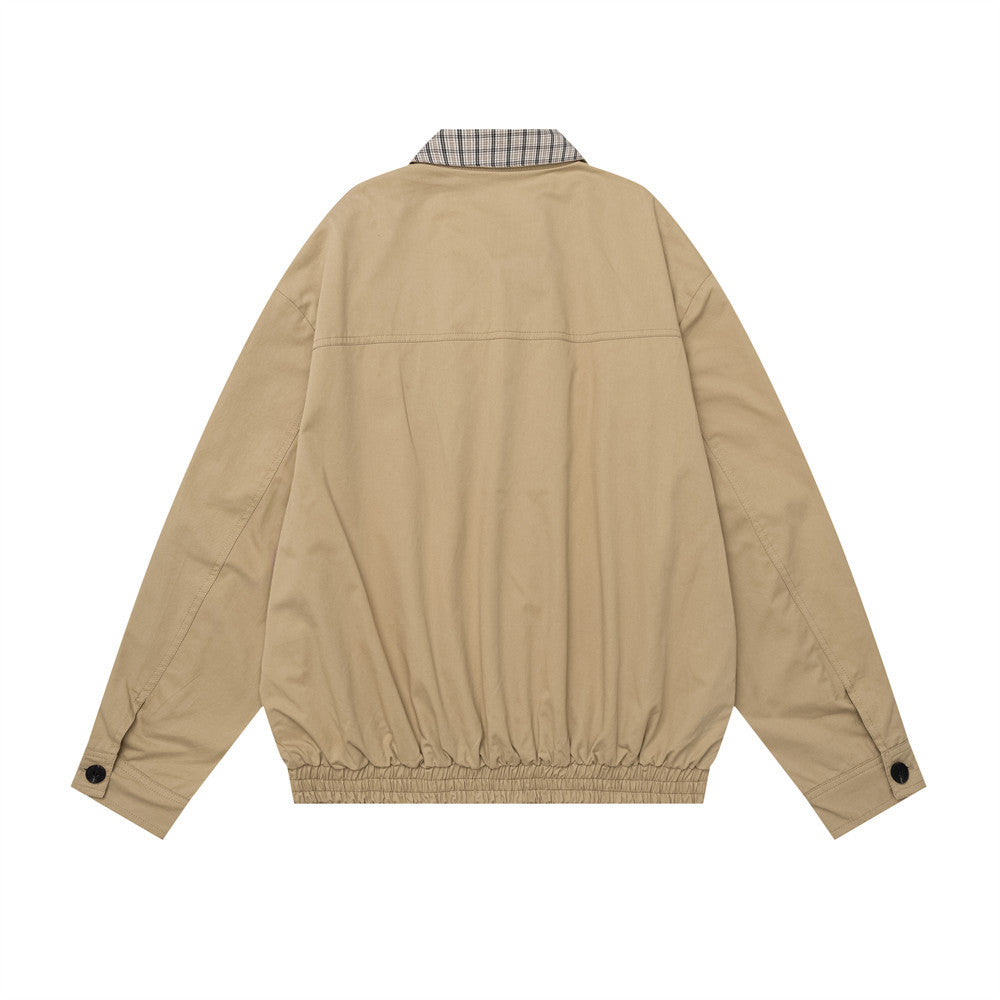 Oversized Harrington Jacket with Contrast Plaid Collar – Men's Relaxed Fit