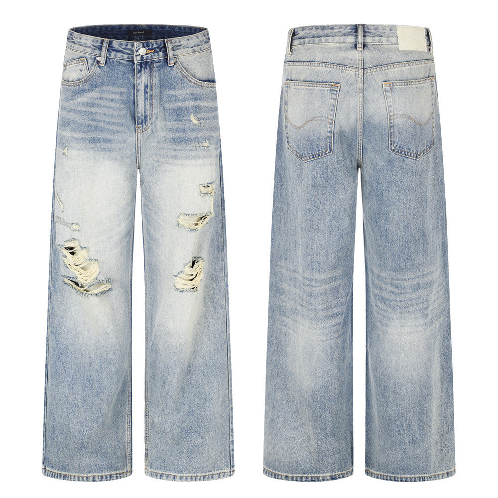 Wide-Leg Distressed Jeans – Men's Light Wash Ripped Straight-Fit Denim