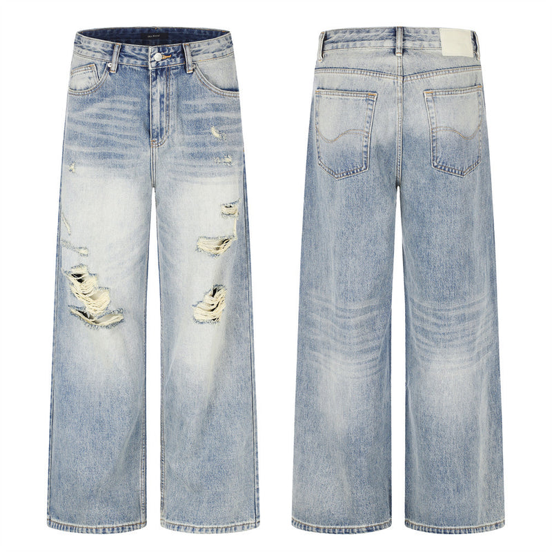 Wide-Leg Distressed Jeans – Men's Light Wash Ripped Straight-Fit Denim