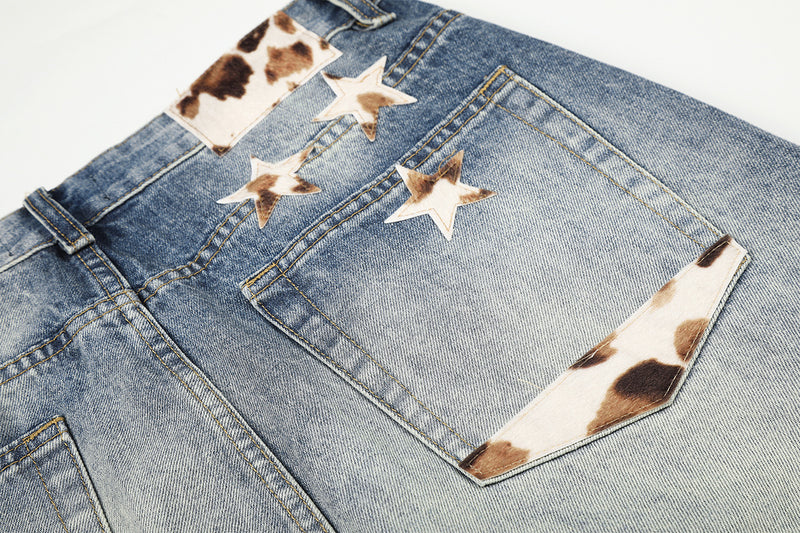 Jean baggy taille mi-haute – Denim délavé à jambes larges avec patchwork étoilé effet vache