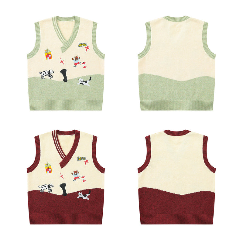 Cartoon Embroidered Knit Sweater Vest – V-Neck Colorblock College Style