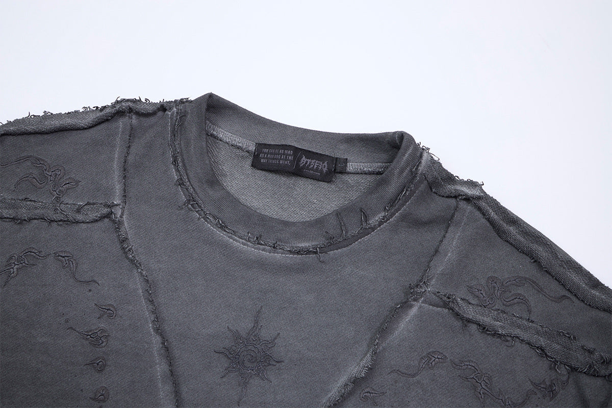 Long Sleeve Acid Wash Shirt with Celestial Print & Raw-Edge Seam Detail