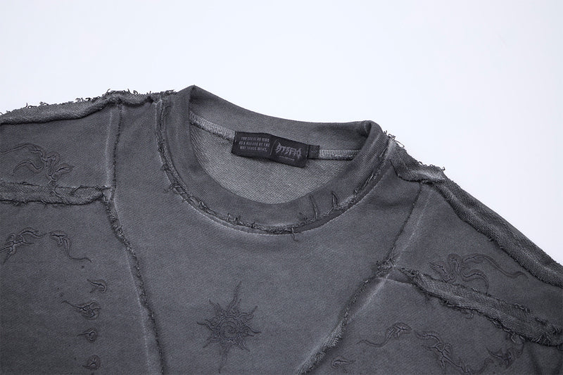 Long Sleeve Acid Wash Shirt with Celestial Print & Raw-Edge Seam Detail