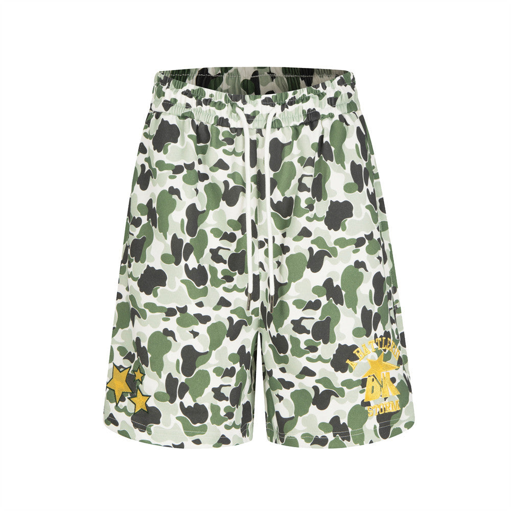 Camo Print Shorts Men Star Embroidery Elastic Waist Streetwear Basketball Shorts
