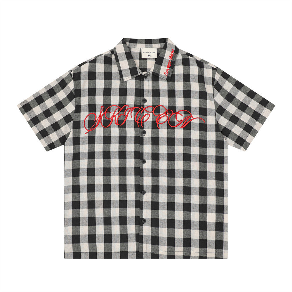 Oversized black and white gingham check short sleeve shirt with red cursive embroidered logo on chest from Savage Base