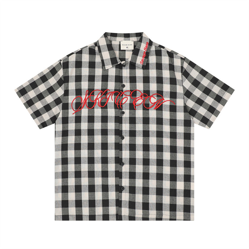 Oversized black and white gingham check short sleeve shirt with red cursive embroidered logo on chest from Savage Base