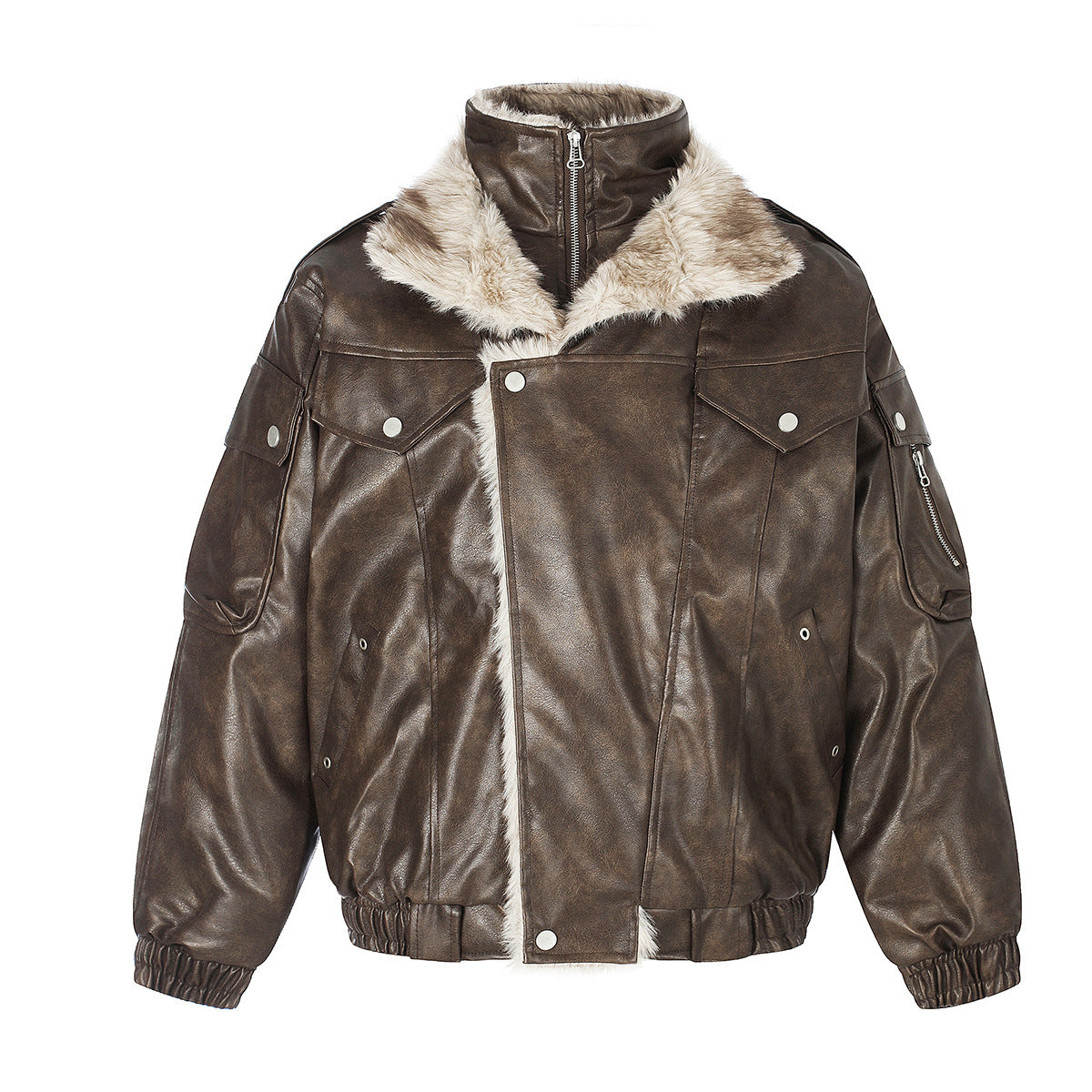 Faux Leather Fur-Lined Bomber Jacket – Cold Weather Motorcycle Jacket with