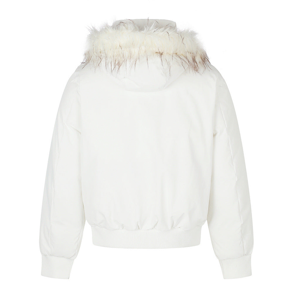 Fur-Trim Hooded Bomber Down Jacket – Oversized Fit with Stand Collar