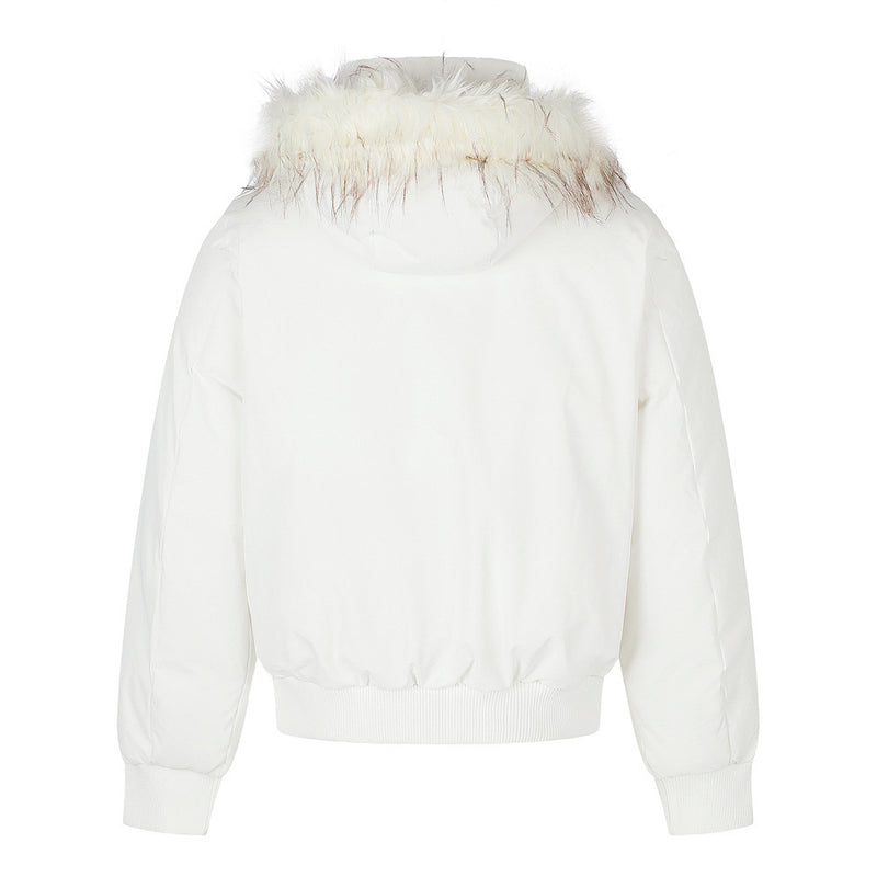Fur-Trim Hooded Bomber Down Jacket – Oversized Fit with Stand Collar