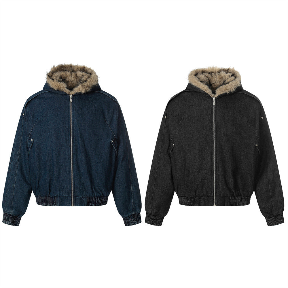 Fur-Trim Hooded Denim Bomber Jacket – Padded Winter Coat