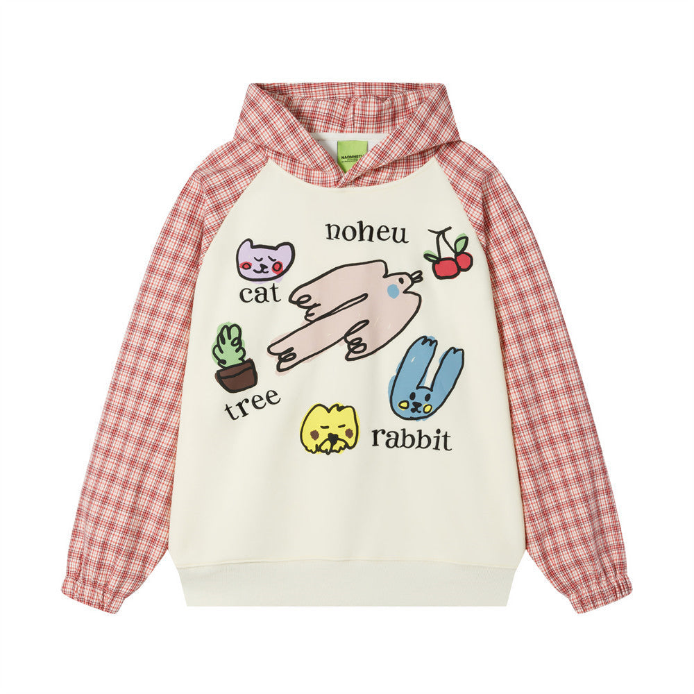 Hoodie mit Karomuster, Raglanärmeln und Cartoon-Print – Relaxed Fit für Herren