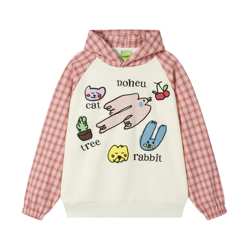 Hoodie mit Karomuster, Raglanärmeln und Cartoon-Print – Relaxed Fit für Herren