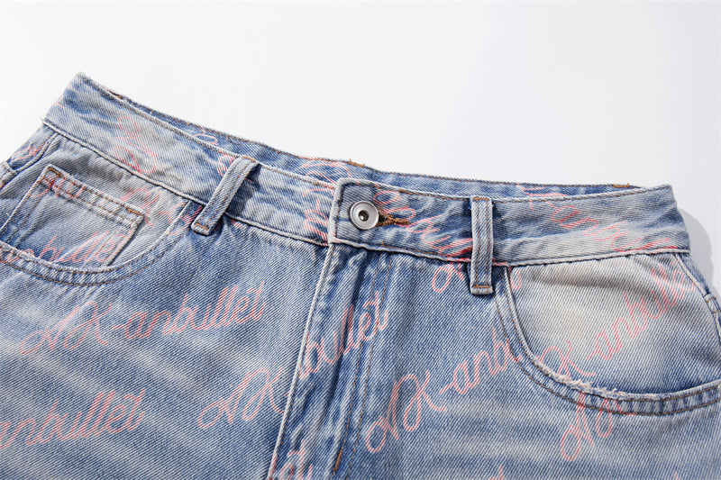 Wide-Leg Jeans with Allover Pink Script Print – Light Blue Washed Denim