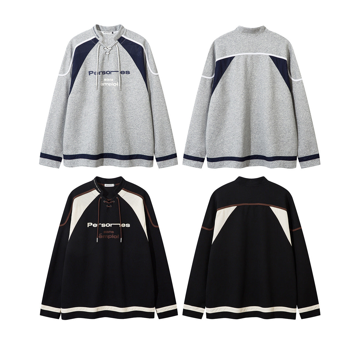 Lace-Up Hockey Jersey Sweatshirt – Colorblock Mesh Panel Pullover