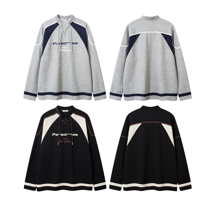 Lace-Up Hockey Jersey Sweatshirt – Colorblock Mesh Panel Pullover
