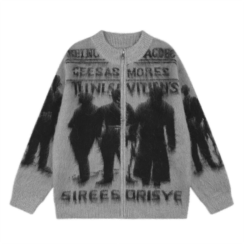 Dark Silhouette Figure Zip-Up Knit Cardigan Sweater – Oversized Streetwear