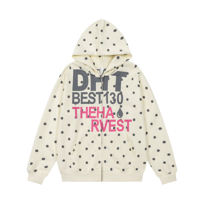 Polka Dot All-Over Print Zip-Up Hoodie – Oversized Graphic Streetwear