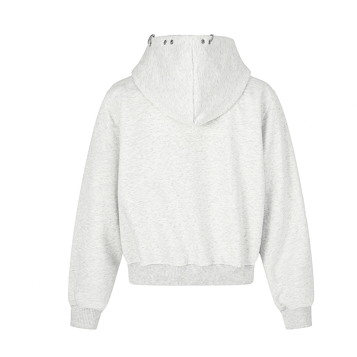 Sudadera gris corta con cremallera, gráfico anime y detalle de anillas metálicas