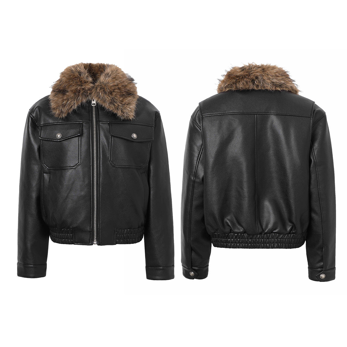Black Leather Bomber Jacket with Fur Collar & Multi-Pocket Design