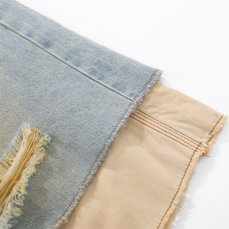 Distressed Denim Skirt Shorts – Layered Faux Two-Piece Wide-Leg Cut