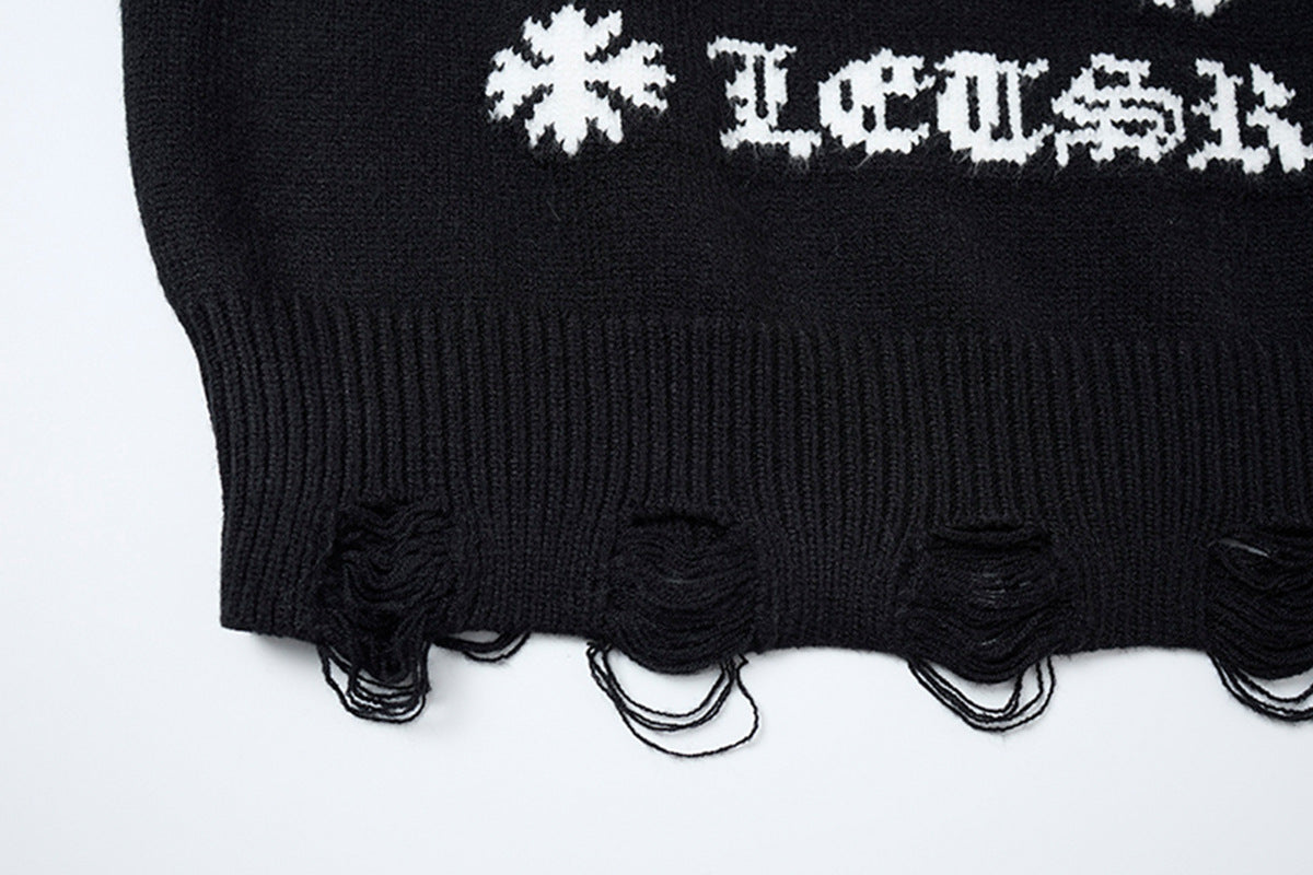 Crew Neck Knit Sweater Gothic Cross Distressed Hem Streetwear