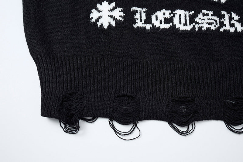 Crew Neck Knit Sweater Gothic Cross Distressed Hem Streetwear