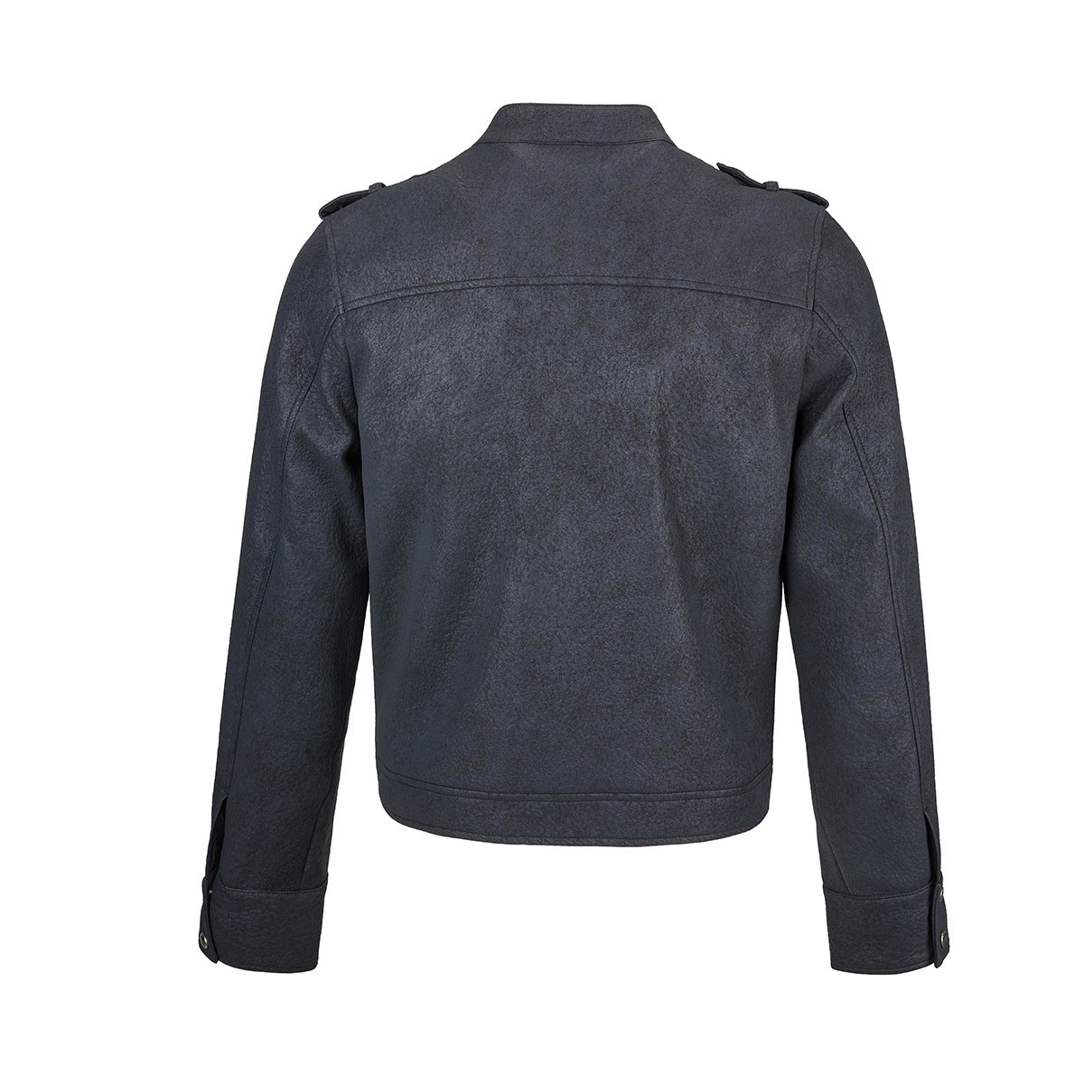 Military-Style Faux Leather Jacket with Double-Breasted Buttons & Zip Front