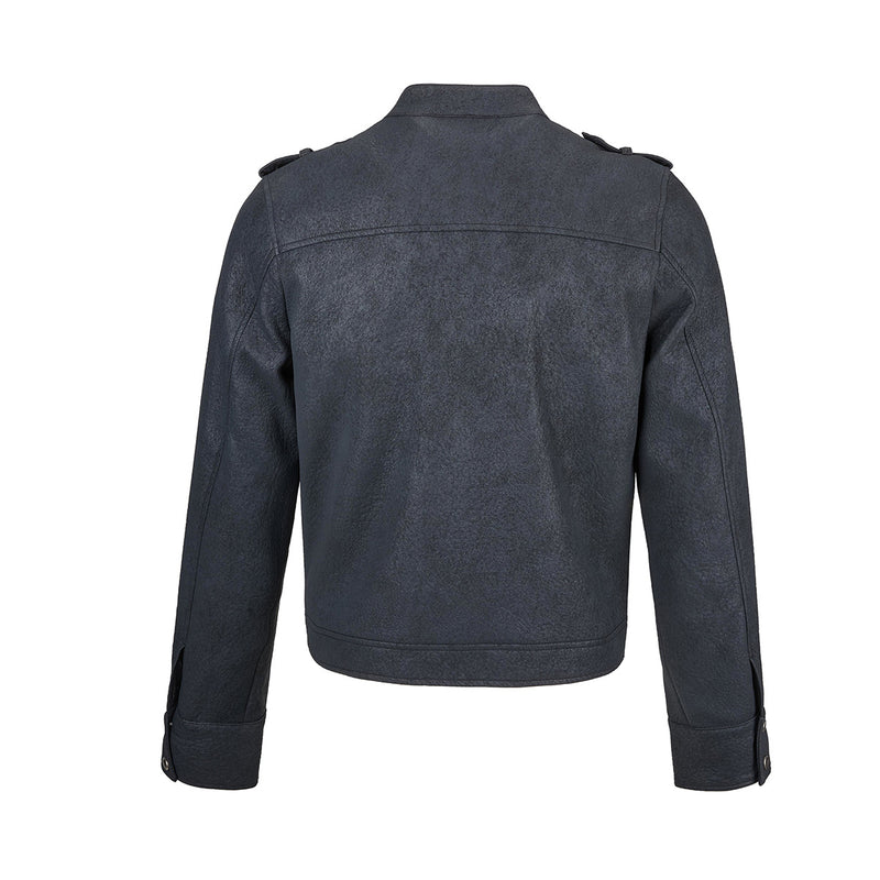 Military-Style Faux Leather Jacket with Double-Breasted Buttons & Zip Front