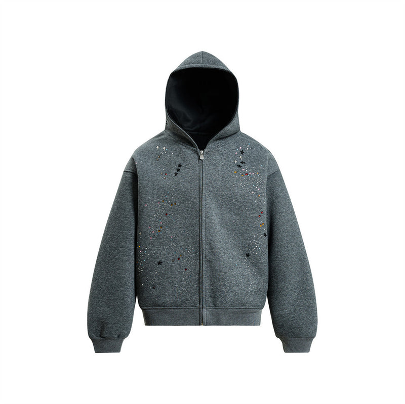 Herren-Zip-Hoodie aus Oversized-Fleece mit Strasssteinen und Galaxie-Sternen
