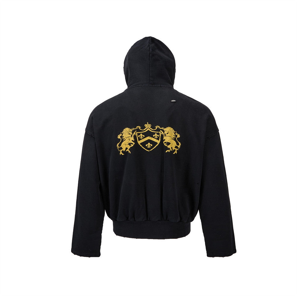 Oversized Zip-Up Hoodie Men — Distressed Heraldic Embroidery, Cropped Bomber Fit