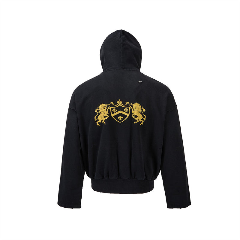 Oversized Zip-Up Hoodie Men — Distressed Heraldic Embroidery, Cropped Bomber Fit