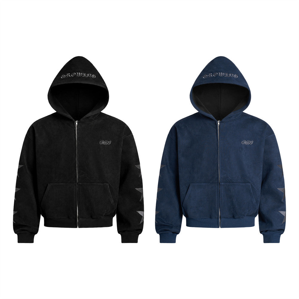Zip-Up Hoodie with Star Sleeve Detail and Gothic Logo — Oversized Suede-Finish