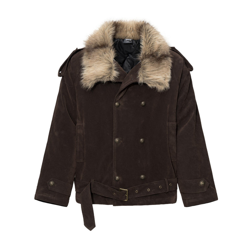 Double-Breasted Faux Fur Collar Padded Jacket in Dark Brown