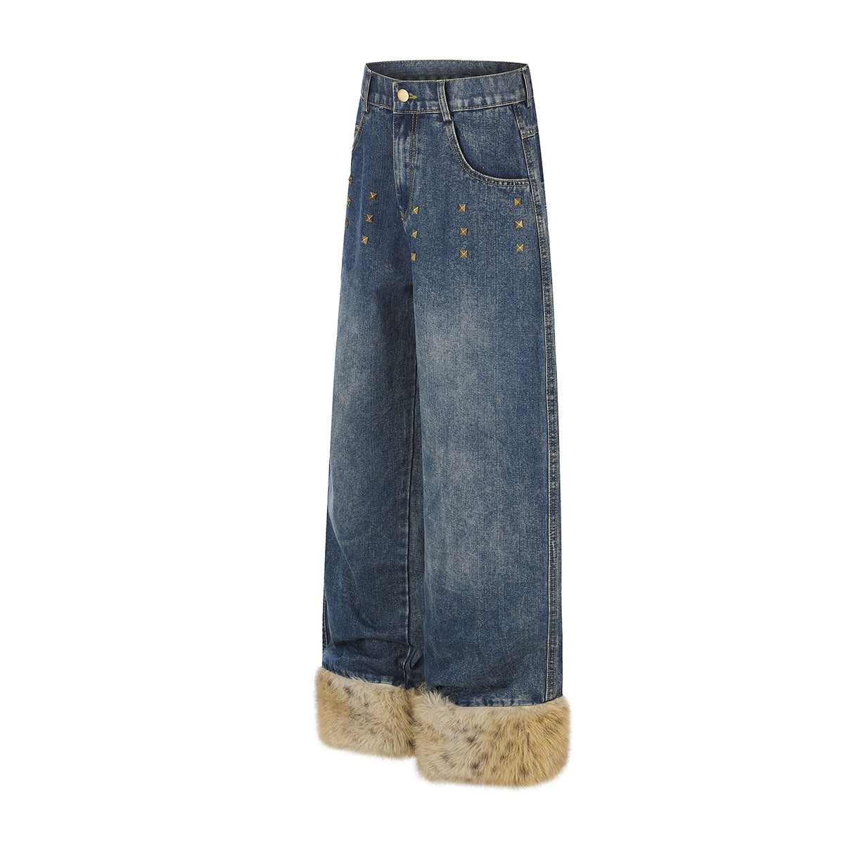 Baggy-Jeans mit weitem Bein, Pelzbesatz am Saum und goldfarbenen Nieten