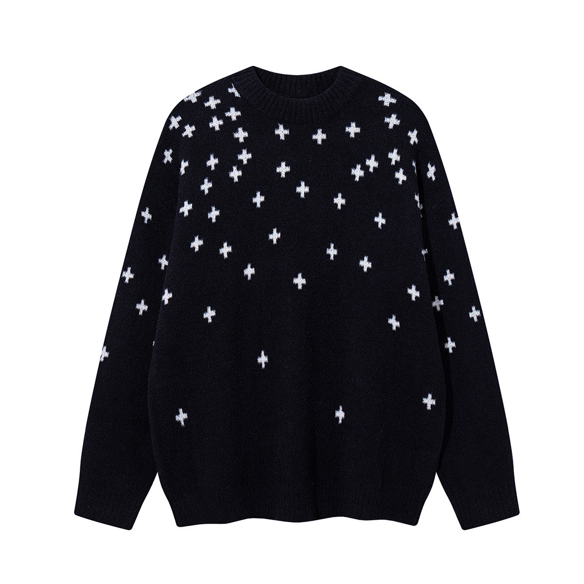 Cross Jacquard Knit Sweater Oversized Crewneck Pullover