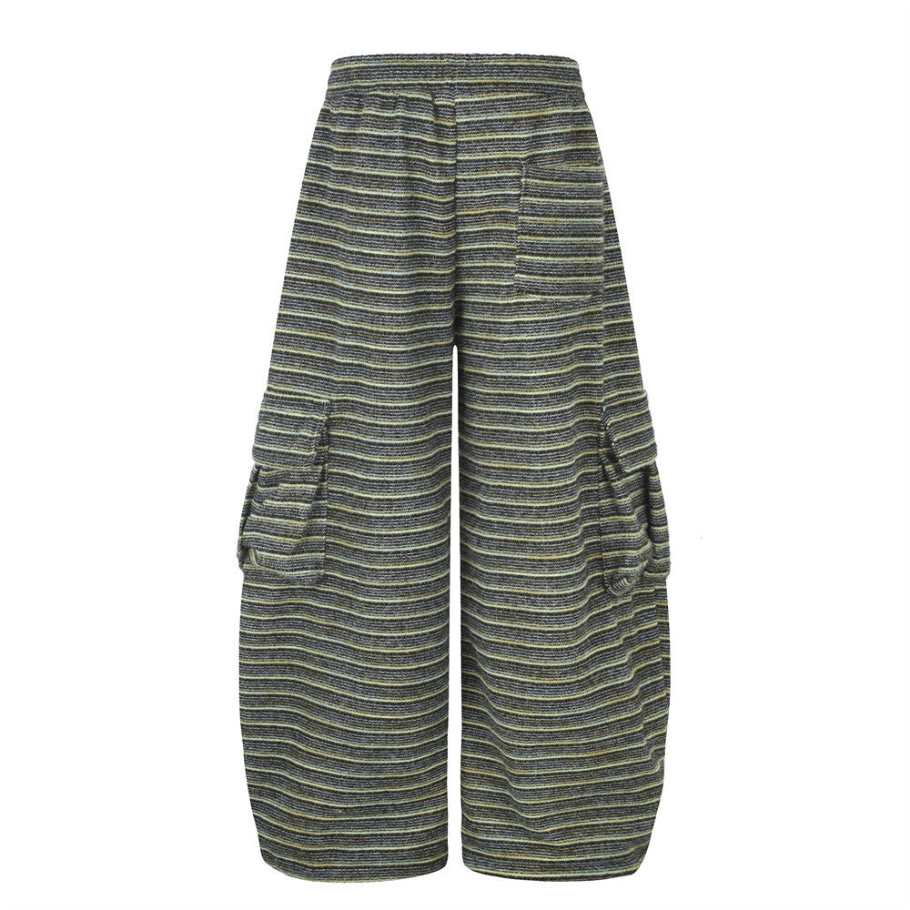 Wide-Leg Striped Cargo Pants – Relaxed Fit Multi-Pocket Streetwear Trousers