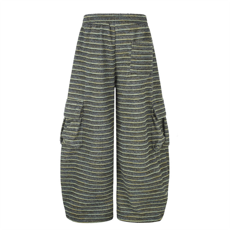 Wide-Leg Striped Cargo Pants – Relaxed Fit Multi-Pocket Streetwear Trousers