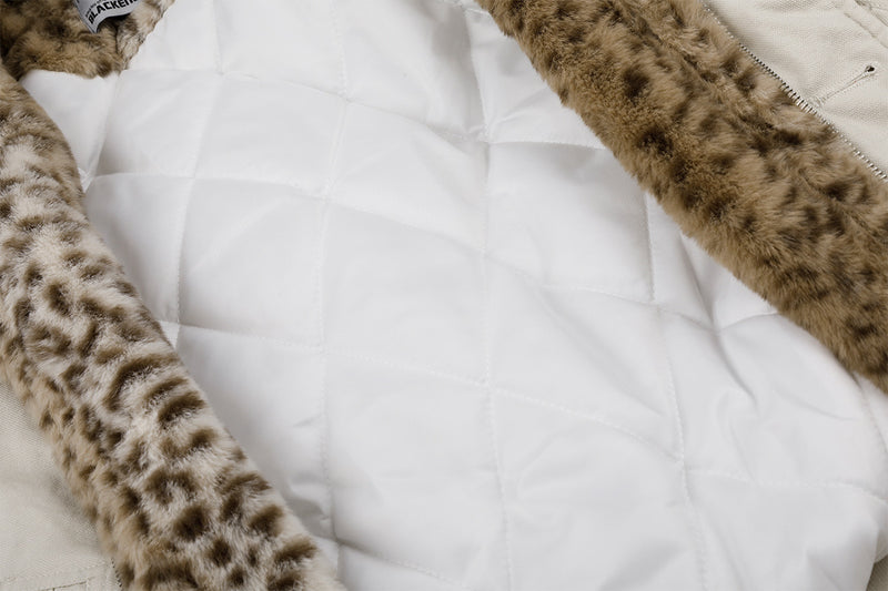 Hooded Bomber Jacket with Faux Leopard Fur-Lined Hood – Relaxed Fit Winter